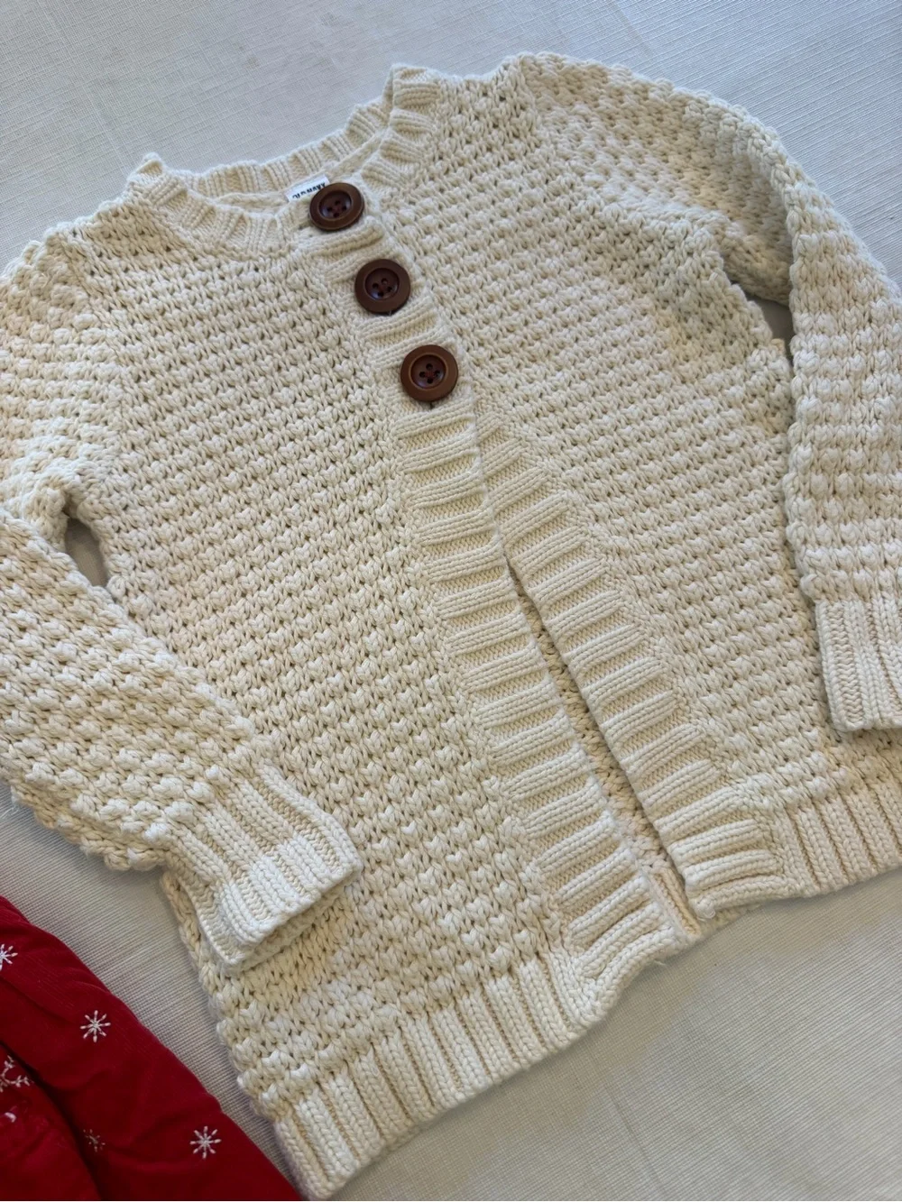 GAP Red Corduroy Embroidered Pinafore Dress and Old Navy Cream Knit Cardigan
